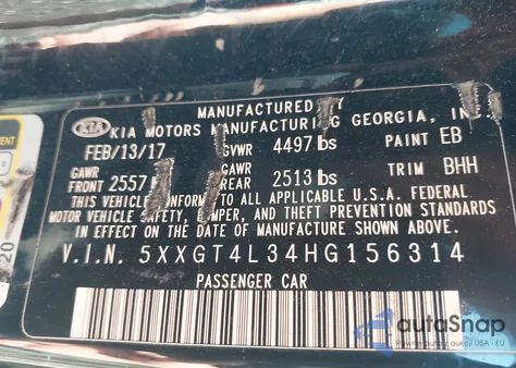 2017 Kia Optima Lx из США, поврежденный, VIN 5XXGT4L34HG156314